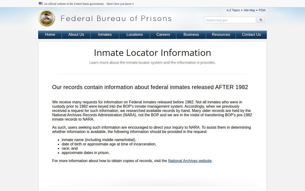 Federal Bureau of Prisons release record meanings for a Montmorency County inquiry