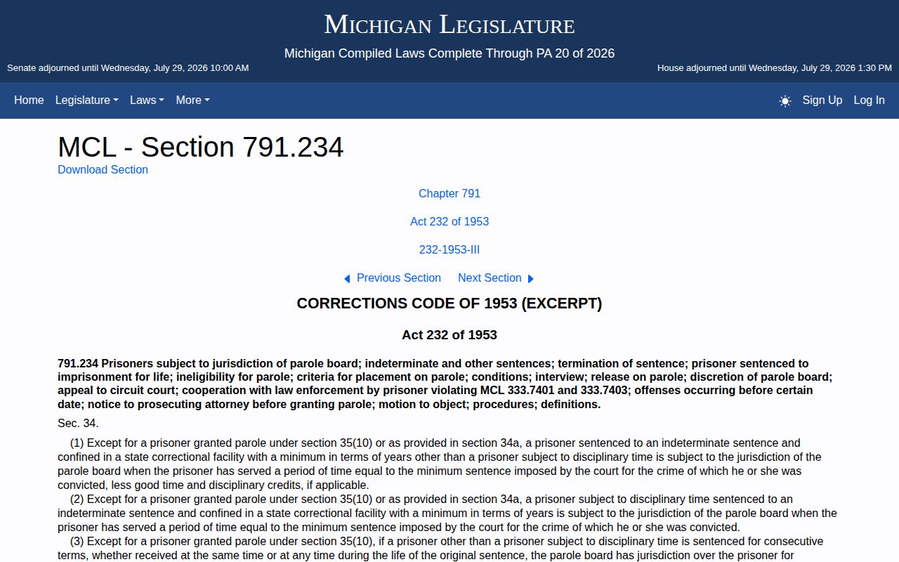 Montmorency County projected release date Michigan parole eligibility statute